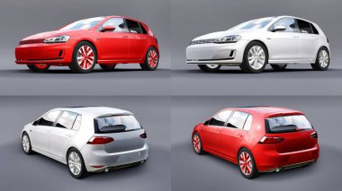 3 boyutlu illüstrasyon. Araba hatchback 'ini gri arkaplanda ayarla.