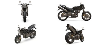 3 boyutlu illüstrasyon. Gri arka planda iki koltuklu şehir sporu motosikleti.