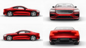 3D illusztráció. Koncepció autó sport prémium coupe. Bedugós hibrid. A környezetbarát közlekedés technológiái. Piros autó fehér háttérrel. 3D-s renderelés.