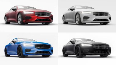 3 boyutlu illüstrasyon. Konsept araba spor premium coupe 'u ayarlayın. Eklenti hibrit. Çevre dostu ulaşım teknolojileri. Beyaz arka planda bir araba. 3d oluşturma.