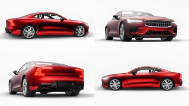 3 boyutlu illüstrasyon. Konsept spor premium coupe. Eklenti hibrit. Çevre dostu ulaşım teknolojileri. Beyaz arkaplanda kırmızı araba.