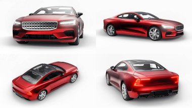 3 boyutlu illüstrasyon. Konsept spor premium coupe. Eklenti hibrit. Çevre dostu ulaşım teknolojileri. Beyaz arkaplanda kırmızı araba.