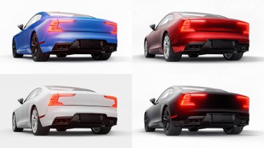 3 boyutlu illüstrasyon. Konsept araba spor premium coupe 'u ayarlayın. Eklenti hibrit. Çevre dostu ulaşım teknolojileri. Beyaz arka planda bir araba. 3d oluşturma