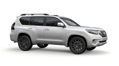 Tula, Rusya. 13 Temmuz 2021: Toyota Land Cruiser Prado 2018 beyaz SUV arabası beyaz arka planda izole edildi. 3d oluşturma