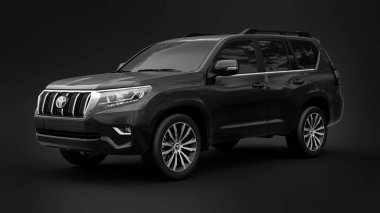 Tula, Rusya. 10 Temmuz 2021: Toyota Land Cruiser Prado 2018 siyah arazi aracı siyah arka planda izole edildi. 3d oluşturma.