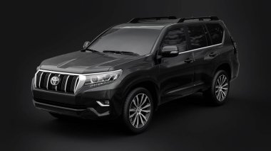 Tula, Rusya. 10 Temmuz 2021: Toyota Land Cruiser Prado 2018 siyah arazi aracı siyah arka planda izole edildi. 3d oluşturma.