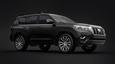 Tula, Rusya. 10 Temmuz 2021: Toyota Land Cruiser Prado 2018 siyah arazi aracı siyah arka planda izole edildi. 3d oluşturma