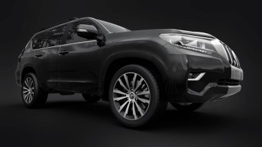 Tula, Rusya. 10 Temmuz 2021: Toyota Land Cruiser Prado 2018 siyah arazi aracı siyah arka planda izole edildi. 3d oluşturma.
