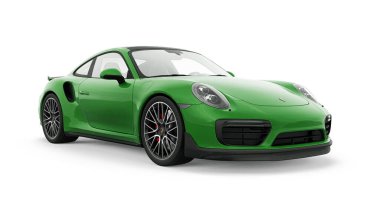 Tula, Rusya. 25 Mart 2021: Porsche 911 Turbo S 2016 yeşil spor araba coupe beyaz arka planda izole edildi. 3d oluşturma