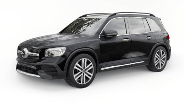 Tula, Rusya. 6 Temmuz 2021: Mercedes-Benz GLB 2020 siyah kompakt lüks SUV arabası beyaz arka planda izole edildi. 3d oluşturma