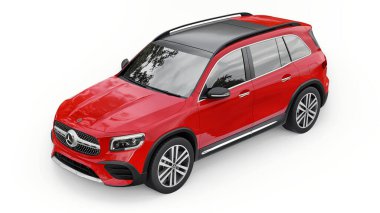 Tula, Rusya. 4 Temmuz 2021: Mercedes-Benz GLB 2020 kırmızı kompakt lüks SUV arabası beyaz arka planda izole edildi. 3d illüstrasyon