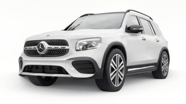 Tula, Rusya. 3 Temmuz 2021: Mercedes-Benz GLB 2020 beyaz kompakt lüks SUV arabası beyaz arka planda izole edildi. 3d illüstrasyon