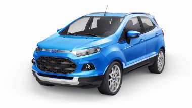 Tula, Rusya. 27 Haziran 2021: Ford EcoSport 2016 açık mavi renkli arazi aracı beyaz zemin üzerinde izole edildi. 3d oluşturma