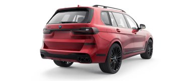 Tula, Rusya. 1 Temmuz 2021: BMW X7 i50 i50 kırmızı SUV beyaz arka planda izole edildi. 3d oluşturma
