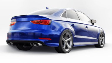 Süper hızlı spor araba beyaz arka planda mavi metalik renkte. Vücut biçimli sedan. Akort sıradan bir aile arabasının bir versiyonu. 3d oluşturma