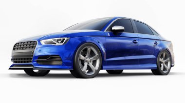 Süper hızlı spor araba beyaz arka planda mavi metalik renkte. Vücut biçimli sedan. Akort sıradan bir aile arabasının bir versiyonu. 3d oluşturma