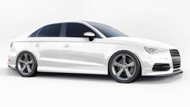 Beyaz arka planda süper hızlı spor araba beyaz renk. Vücut biçimli sedan. Akort sıradan bir aile arabasının bir versiyonu. 3d oluşturma