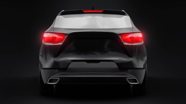Siyah ultra modern bir SUV, siyah izole edilmiş arka planda yaşayan gençler ve aileler için akılda kalıcı bir tasarıma sahip. Parlak farlar. 3d illüstrasyon