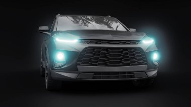 Siyah ultra modern bir SUV, siyah izole edilmiş arka planda yaşayan gençler ve aileler için akılda kalıcı bir tasarıma sahip. Parlak farlar. 3d illüstrasyon