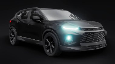 Siyah ultra modern bir SUV, siyah izole edilmiş arka planda yaşayan gençler ve aileler için akılda kalıcı bir tasarıma sahip. Parlak farlar. 3d illüstrasyon