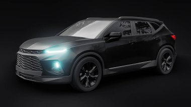 Siyah ultra modern bir SUV, siyah izole edilmiş arka planda yaşayan gençler ve aileler için akılda kalıcı bir tasarıma sahip. Parlak farlar. 3d illüstrasyon