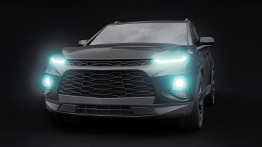 Siyah ultra modern bir SUV, siyah izole edilmiş arka planda yaşayan gençler ve aileler için akılda kalıcı bir tasarıma sahip. Parlak farlar. 3d illüstrasyon