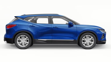 Beyaz izole edilmiş arka planda yaşayan genç insanlar ve aileler için akılda kalıcı bir tasarımı olan mavi ultra modern SUV. 3d illüstrasyon