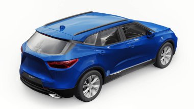Beyaz izole edilmiş arka planda yaşayan genç insanlar ve aileler için akılda kalıcı bir tasarımı olan mavi ultra modern SUV. 3d illüstrasyon