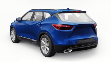 Beyaz izole edilmiş arka planda yaşayan genç insanlar ve aileler için akılda kalıcı bir tasarımı olan mavi ultra modern SUV. 3d illüstrasyon