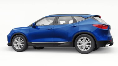 Beyaz izole edilmiş arka planda yaşayan genç insanlar ve aileler için akılda kalıcı bir tasarımı olan mavi ultra modern SUV. 3d illüstrasyon