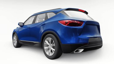 Beyaz izole edilmiş arka planda yaşayan genç insanlar ve aileler için akılda kalıcı bir tasarımı olan mavi ultra modern SUV. 3d illüstrasyon