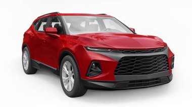 Kırmızı ultra modern SUV, beyaz izole edilmiş arka planda yaşayan gençler ve aileler için akılda kalıcı bir tasarımı var. 3d illüstrasyon