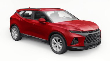 Kırmızı ultra modern SUV, beyaz izole edilmiş arka planda yaşayan gençler ve aileler için akılda kalıcı bir tasarımı var. 3d illüstrasyon