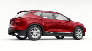 Kırmızı ultra modern SUV, beyaz izole edilmiş arka planda yaşayan gençler ve aileler için akılda kalıcı bir tasarımı var. 3d illüstrasyon