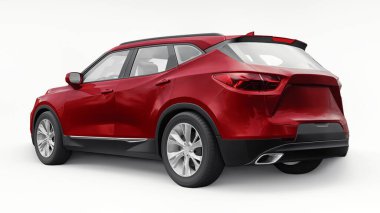 Kırmızı ultra modern SUV, beyaz izole edilmiş arka planda yaşayan gençler ve aileler için akılda kalıcı bir tasarımı var. 3d illüstrasyon