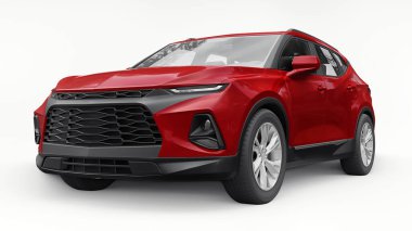 Kırmızı ultra modern SUV, beyaz izole edilmiş arka planda yaşayan gençler ve aileler için akılda kalıcı bir tasarımı var. 3d illüstrasyon