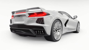 Beyaz izole edilmiş arka planda orta motor yerleşimi olan ultra modern beyaz spor araba. Yarış pistinde ve düzlükte yarışmak için bir araba. 3d illüstrasyon