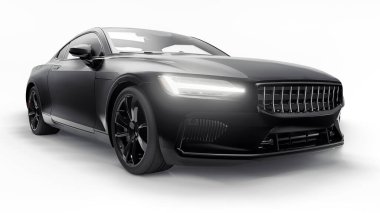 Konsept spor premium coupe. Eklenti hibrit. Çevre dostu ulaşım teknolojileri. Beyaz arka planda siyah araba. 3d oluşturma