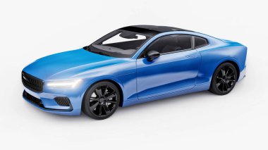 Concept car sports premium coupe. Blue car on white background. Plug-in hybrid. Technologies of eco-friendly transport. 3d rendering