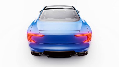 Concept car sports premium coupe. Blue car on white background. Plug-in hybrid. Technologies of eco-friendly transport. 3d rendering