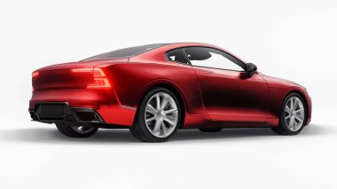 Konsept spor premium coupe. Eklenti hibrit. Çevre dostu ulaşım teknolojileri. Kırmızı araba beyaz arka planda. 3d oluşturma