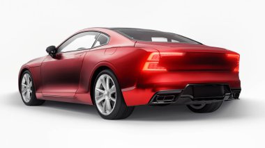 Konsept spor premium coupe. Eklenti hibrit. Çevre dostu ulaşım teknolojileri. Kırmızı araba beyaz arka planda. 3d oluşturma