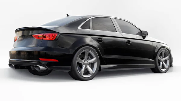 Super fast sports car color black metallic on a white background. Body shape sedan. Tuning is a version of an ordinary family car. 3d rendering