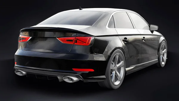 Super fast sports car color black metallic on a black background. Body shape sedan. Tuning is a version of an ordinary family car. 3d rendering