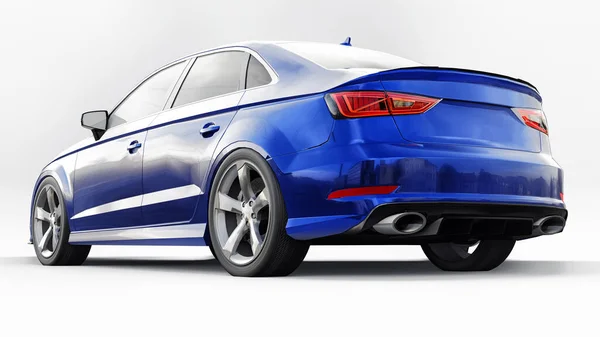 Super fast sports car color blue metallic on a white background. Body shape sedan. Tuning is a version of an ordinary family car. 3d rendering