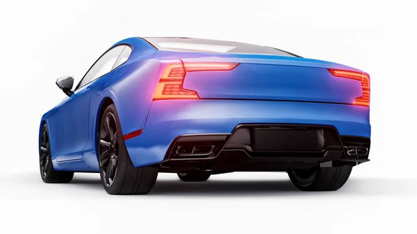 概念车运动高级跑车 蓝色的车白色背景 插头混合 无害生态运输技术 3D渲染 — 图库照片