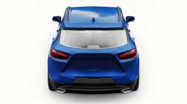 Beyaz izole edilmiş arka planda yaşayan genç insanlar ve aileler için akılda kalıcı bir tasarımı olan mavi ultra modern SUV. 3d illüstrasyon