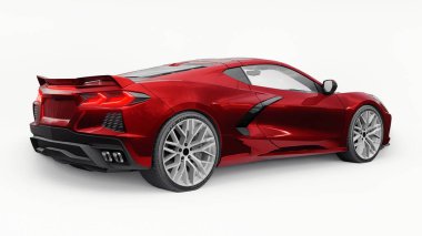 Beyaz izole edilmiş arka planda orta motor yerleşimi olan ultra modern kırmızı süper spor araba. Yarış pistinde ve düzlükte yarışmak için bir araba. 3d illüstrasyon