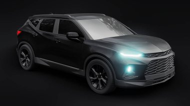 Siyah ultra modern bir SUV, siyah izole edilmiş arka planda yaşayan gençler ve aileler için akılda kalıcı bir tasarıma sahip. Parlak farlar. 3d illüstrasyon