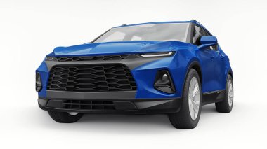 Beyaz izole edilmiş arka planda yaşayan genç insanlar ve aileler için akılda kalıcı bir tasarımı olan mavi ultra modern SUV. 3d illüstrasyon